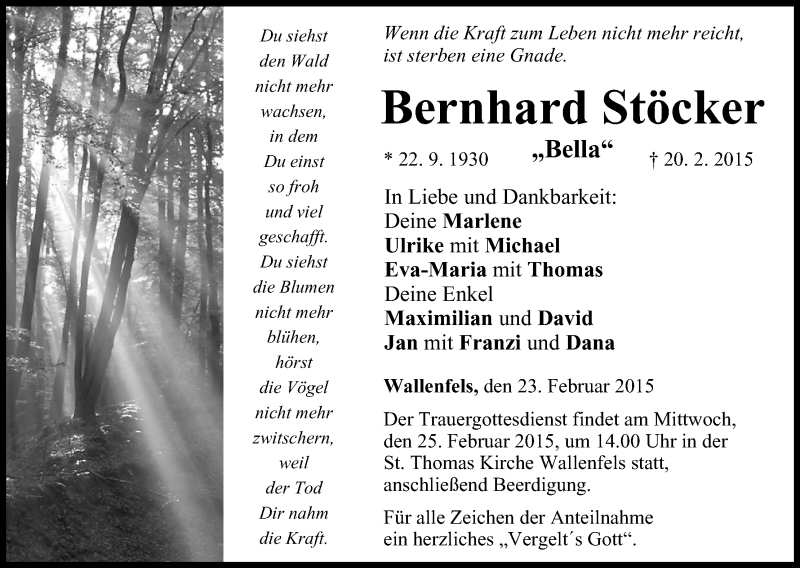  Traueranzeige für Bernhard Stöcker vom 23.02.2015 aus MGO