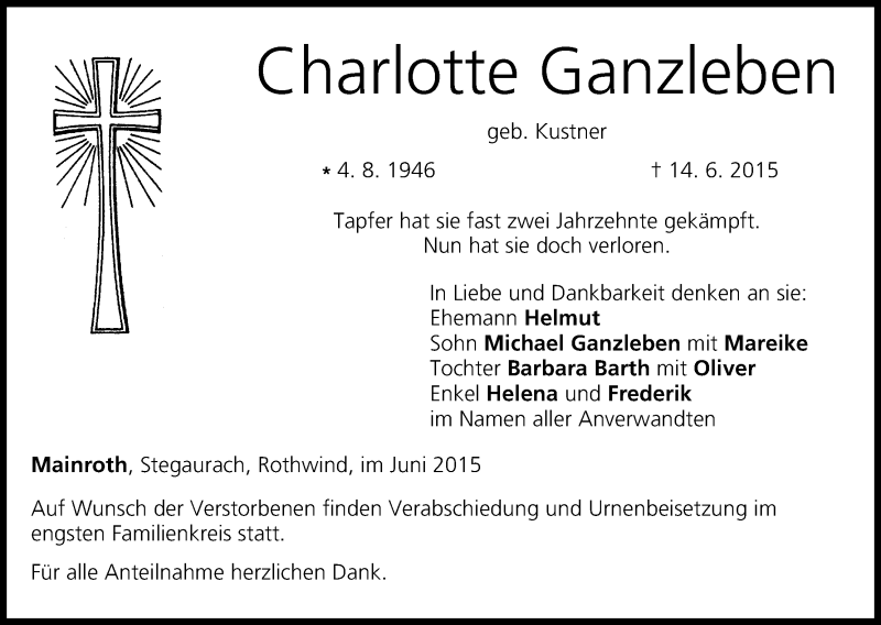  Traueranzeige für Charlotte Ganzleben vom 17.06.2015 aus MGO