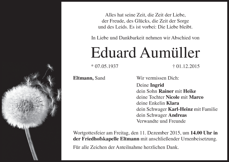 Traueranzeige für Eduard Aumüller vom 09.12.2015 aus MGO