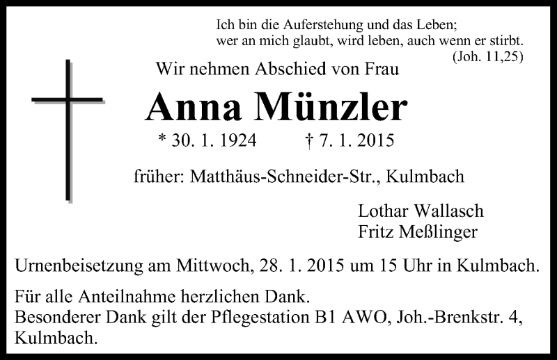  Traueranzeige für Anna Münzler vom 27.01.2015 aus MGO