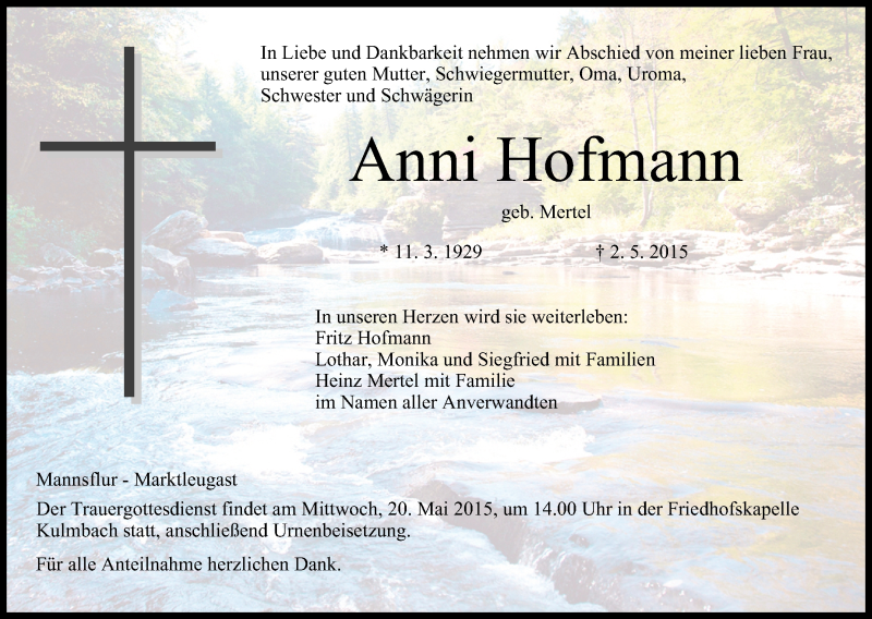  Traueranzeige für Anni Hofmann vom 16.05.2015 aus MGO
