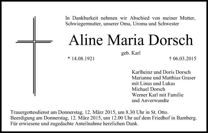  Traueranzeige für Aline Maria Dorsch vom 11.03.2015 aus MGO