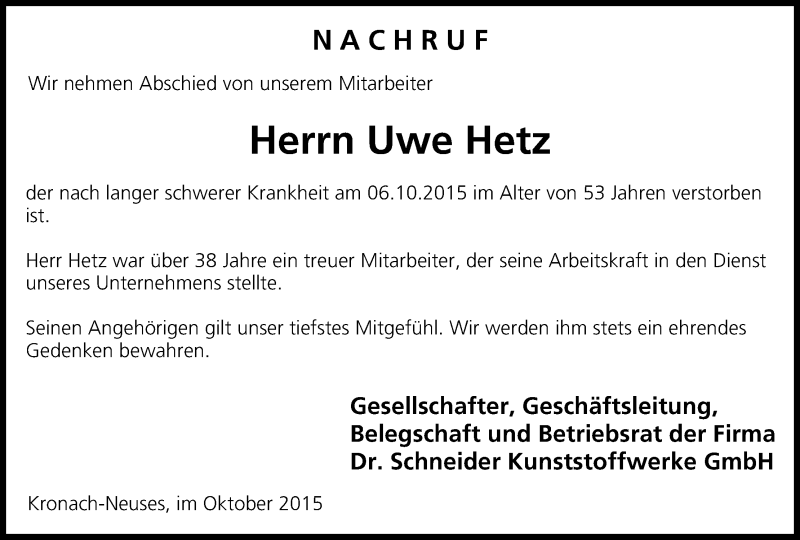  Traueranzeige für Uwe Hetz vom 12.10.2015 aus MGO