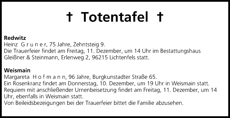  Traueranzeige für Totentafel vom 10.12.2015 vom 10.12.2015 aus MGO