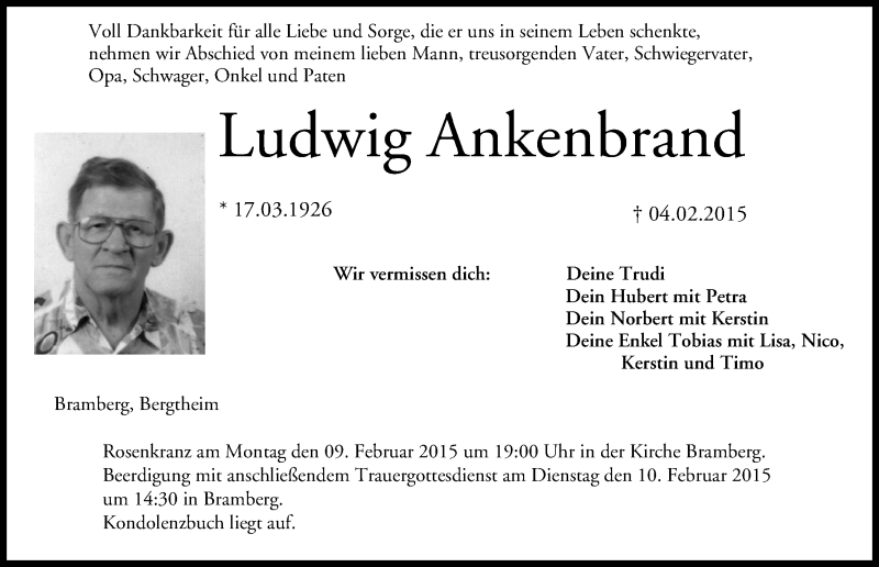  Traueranzeige für Ludwig Ankenbrand vom 07.02.2015 aus MGO