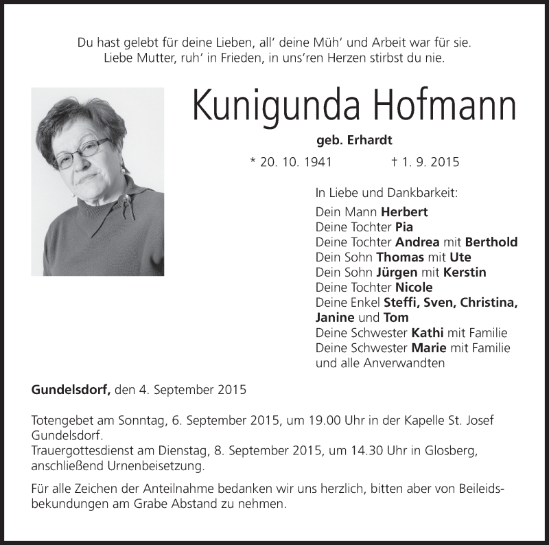  Traueranzeige für Kunigunda Hofmann vom 04.09.2015 aus MGO