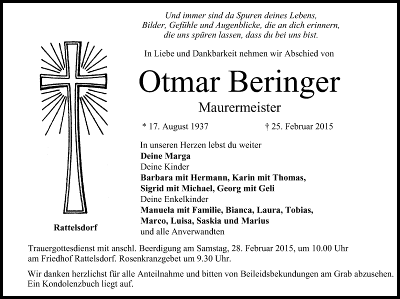  Traueranzeige für Otmar Beringer vom 27.02.2015 aus MGO