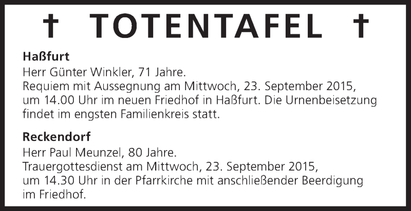  Traueranzeige für Totentafel vom 23.09.2015 vom 23.09.2015 aus MGO