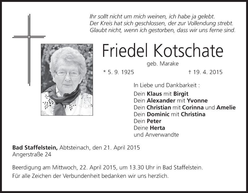  Traueranzeige für Friedel Kotschate vom 21.04.2015 aus MGO