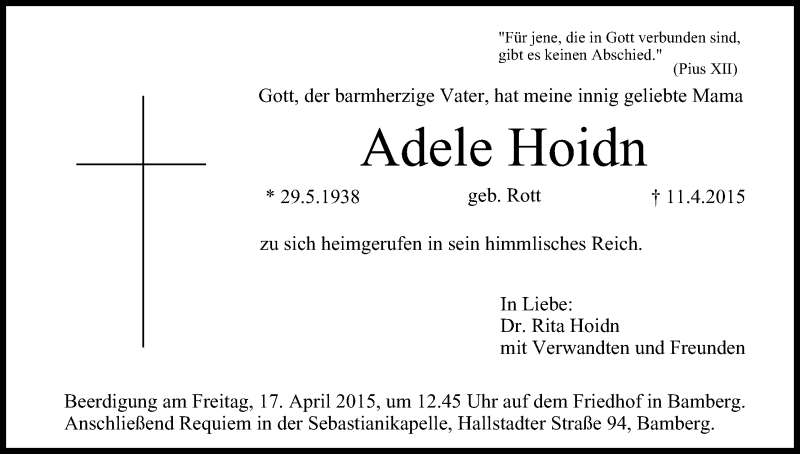  Traueranzeige für Adele Hoidn vom 15.04.2015 aus MGO