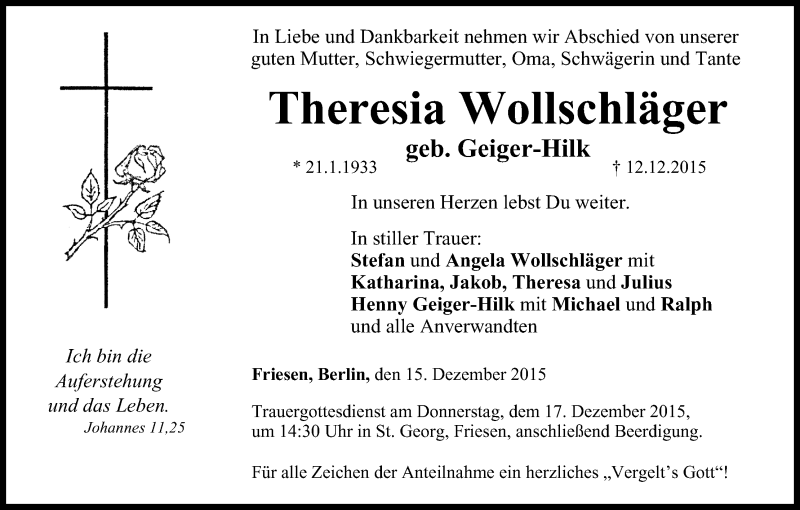  Traueranzeige für Theresia Wollschläger vom 15.12.2015 aus MGO