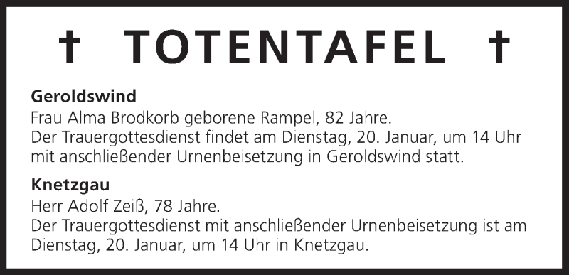  Traueranzeige für Totentafel vom 19.01.2015 vom 19.01.2015 aus MGO