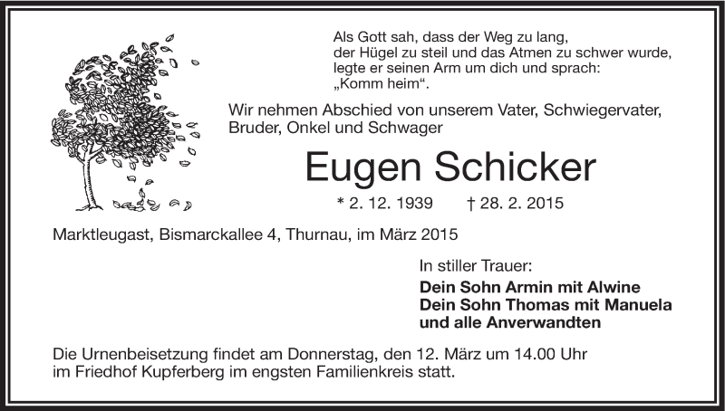  Traueranzeige für Eugen Schicker vom 09.03.2015 aus MGO