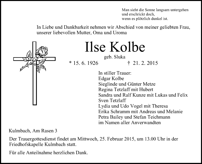  Traueranzeige für Ilse Kolbe vom 23.02.2015 aus MGO