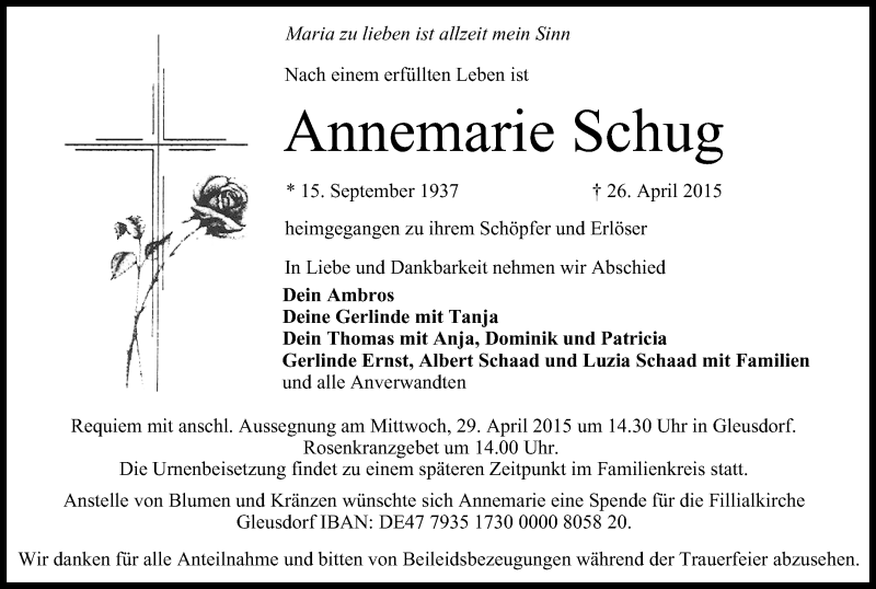  Traueranzeige für Annemarie Schug vom 28.04.2015 aus MGO
