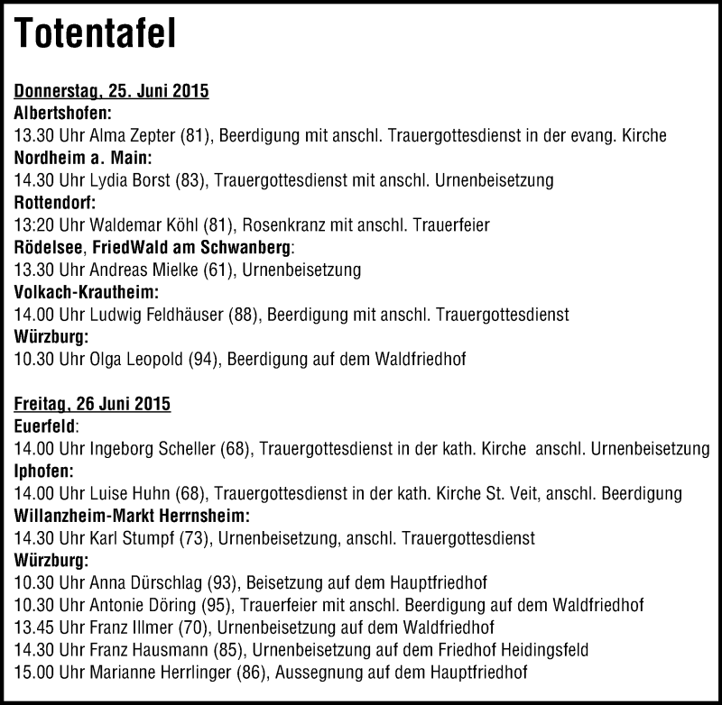  Traueranzeige für Alma Zepter vom 25.06.2015 aus MGO