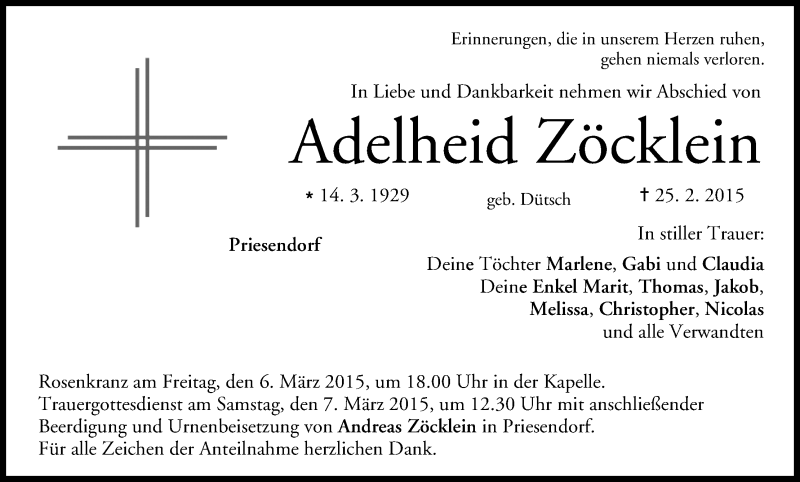 Traueranzeige für Adelheid Zöcklein vom 04.03.2015 aus MGO