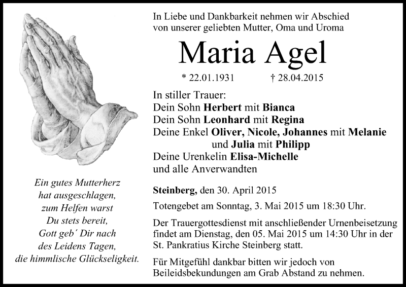  Traueranzeige für Maria Agel vom 30.04.2015 aus MGO