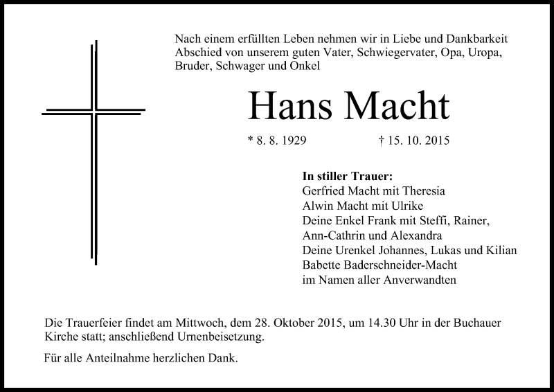  Traueranzeige für Hans Macht vom 26.10.2015 aus MGO