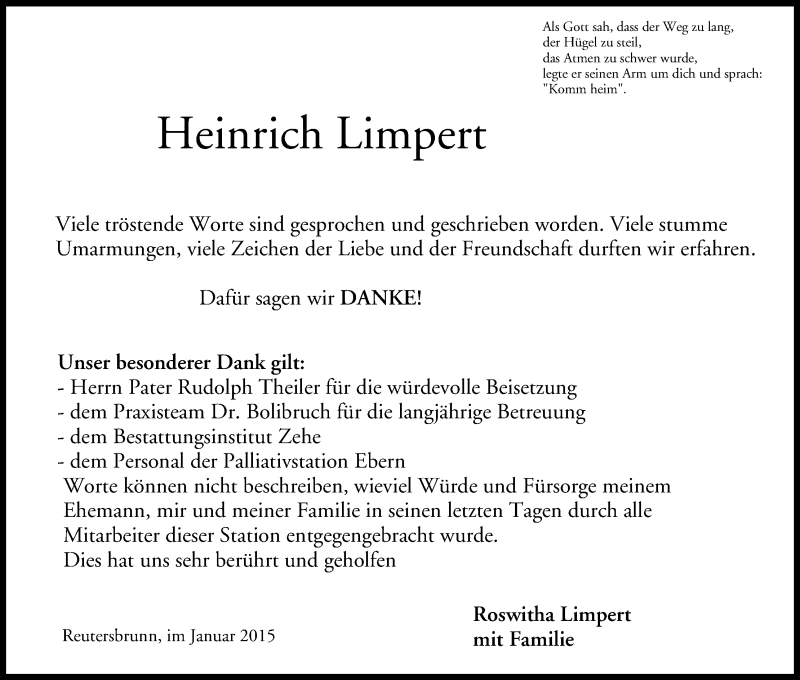  Traueranzeige für Heinrich Limpert vom 22.01.2015 aus MGO