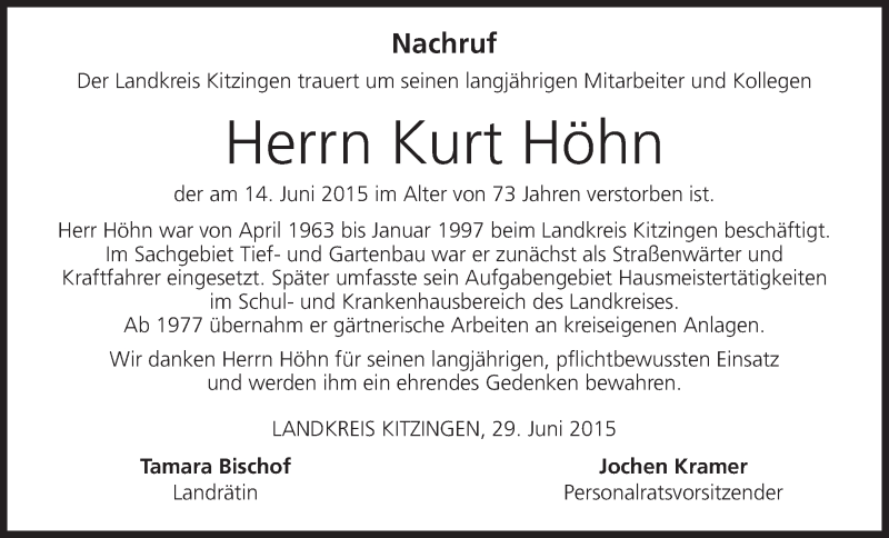  Traueranzeige für Kurt Höhn vom 01.07.2015 aus MGO
