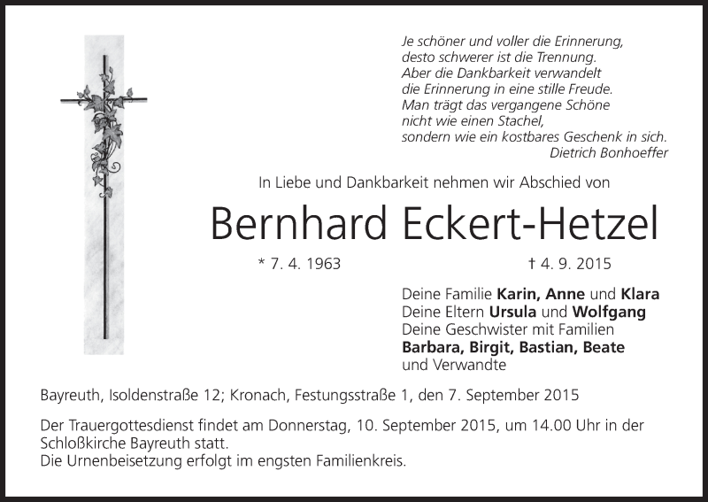  Traueranzeige für Bernhard Eckert-Hetzel vom 07.09.2015 aus MGO