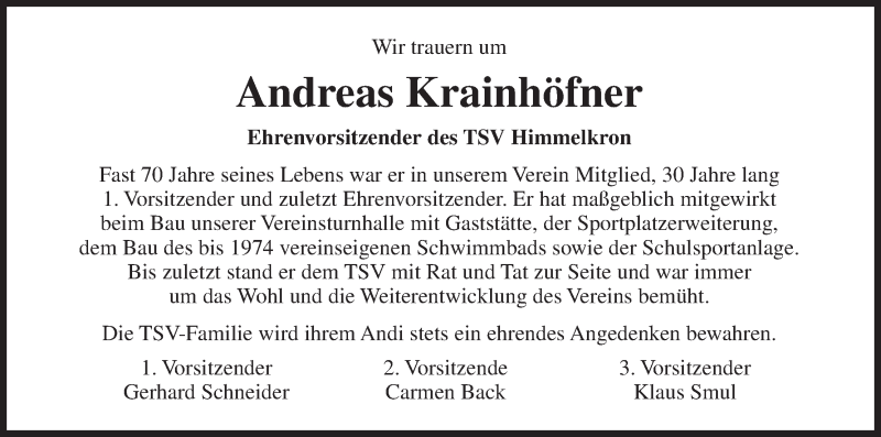  Traueranzeige für Andreas Krainhöfner vom 09.04.2015 aus MGO