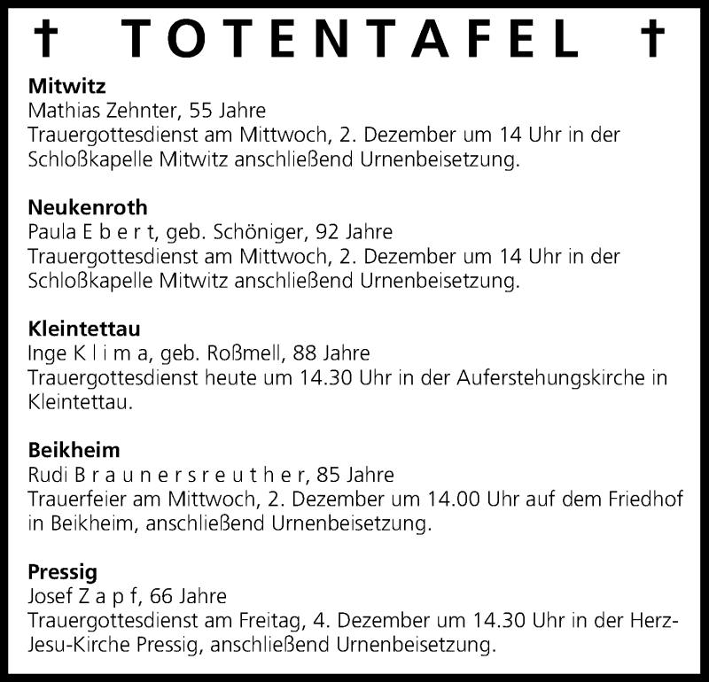  Traueranzeige für Totentafel vom 01.12.2015 vom 01.12.2015 aus MGO