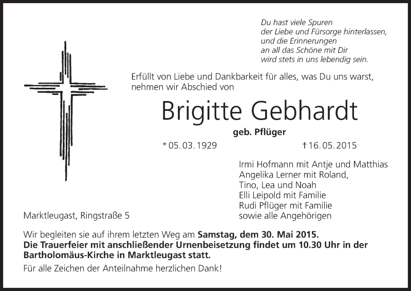  Traueranzeige für Brigitte Gebhardt vom 28.05.2015 aus MGO