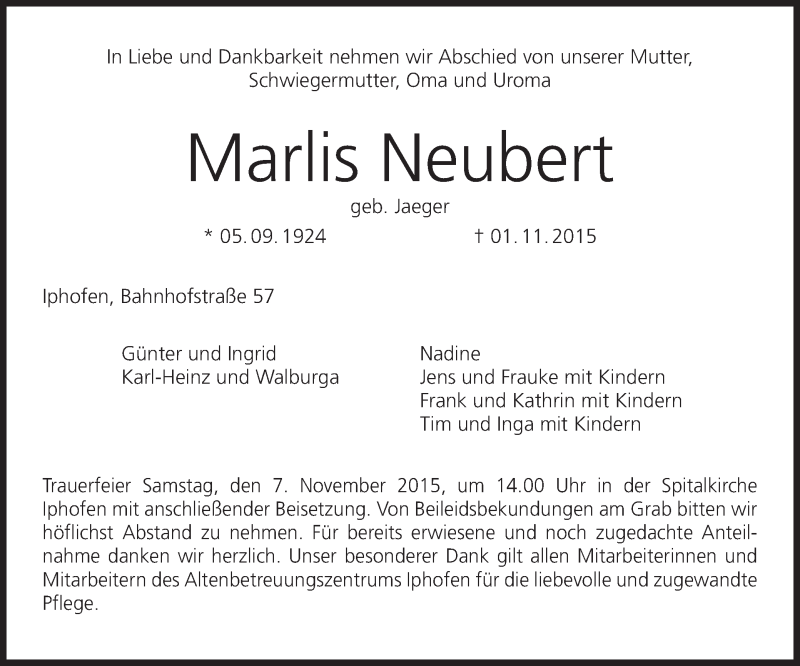  Traueranzeige für Marlis Neubert vom 04.11.2015 aus MGO