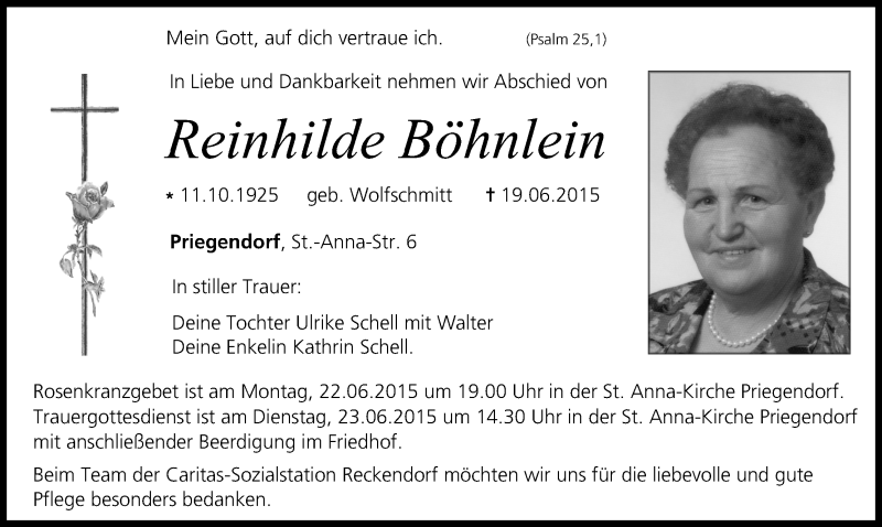  Traueranzeige für Reinhilde Böhnlein vom 20.06.2015 aus MGO
