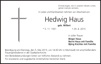 Anzeige von Hedwig Haus von MGO