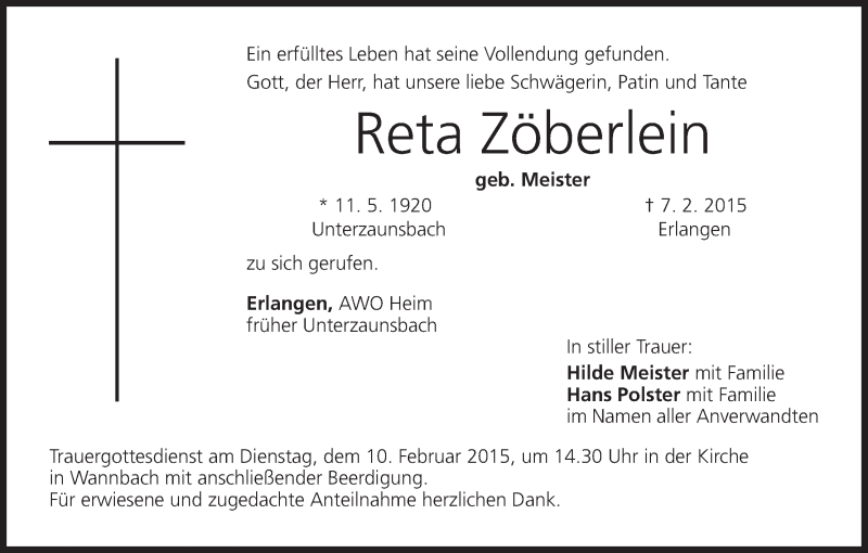  Traueranzeige für Reta Zöberlein vom 09.02.2015 aus MGO