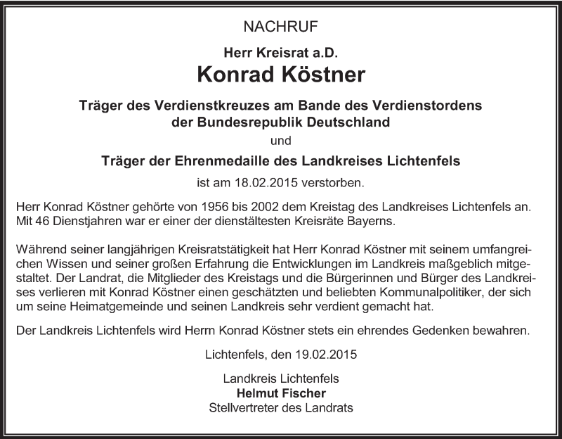 Traueranzeige für Konrad Köstner vom 20.02.2015 aus MGO