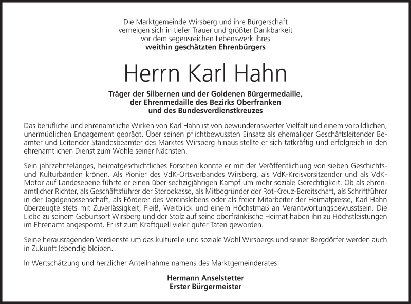  Traueranzeige für Karl Hahn vom 02.10.2015 aus MGO
