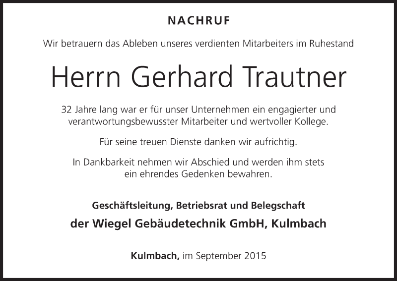  Traueranzeige für Gerhard Trautner vom 30.09.2015 aus MGO
