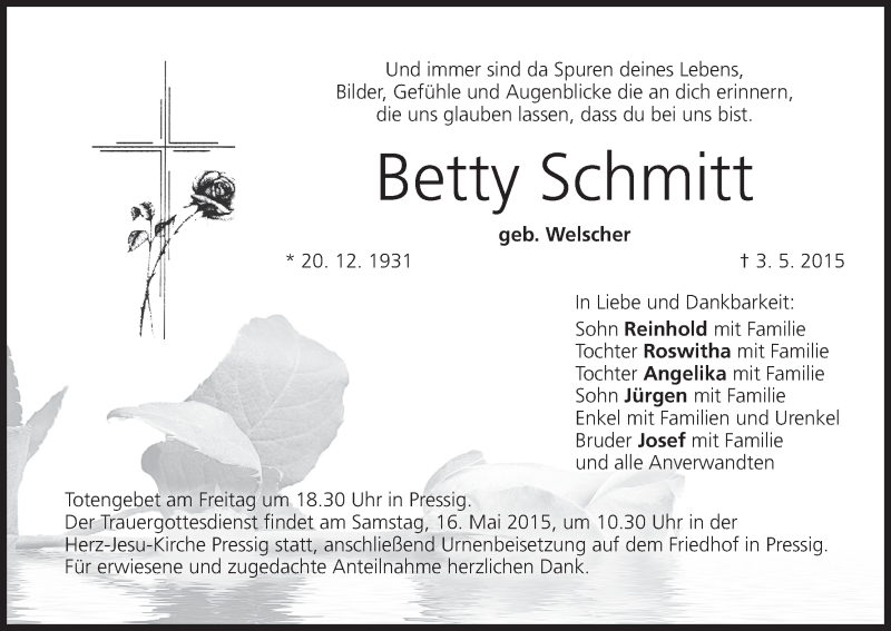  Traueranzeige für Betty Schmitt vom 11.05.2015 aus MGO