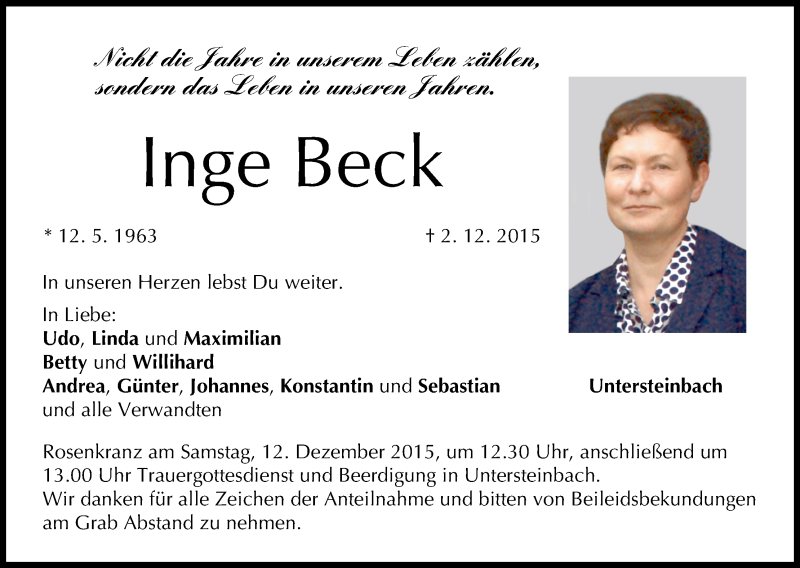  Traueranzeige für Inge Beck vom 11.12.2015 aus MGO