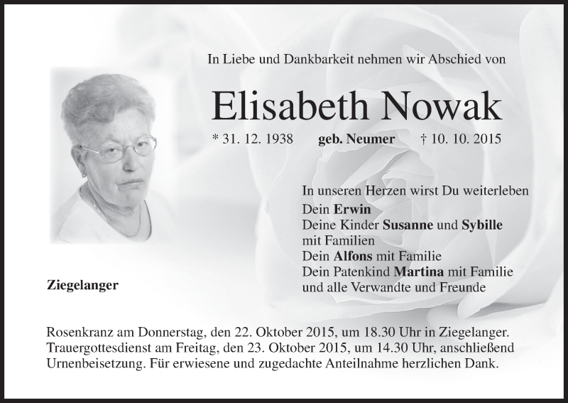  Traueranzeige für Elisabeth Nowak vom 19.10.2015 aus MGO