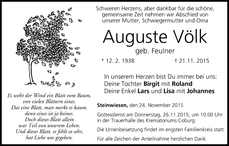 Traueranzeige für Auguste Völk vom 24.11.2015 aus MGO