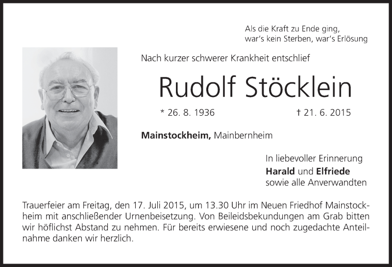  Traueranzeige für Rudolf Stöcklein vom 15.07.2015 aus MGO