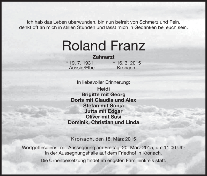  Traueranzeige für Roland Franz vom 18.03.2015 aus MGO