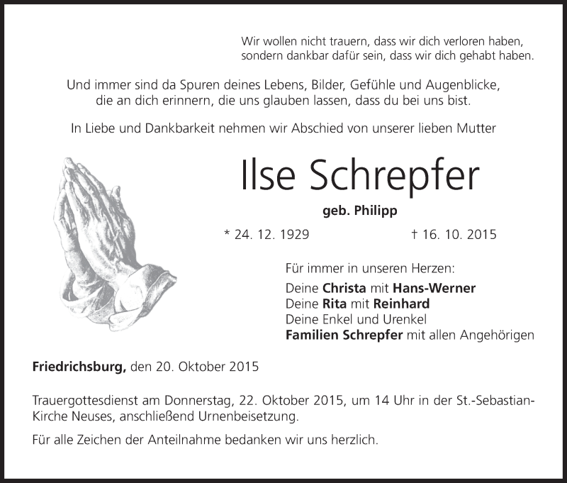  Traueranzeige für Ilse Schrepfer vom 20.10.2015 aus MGO