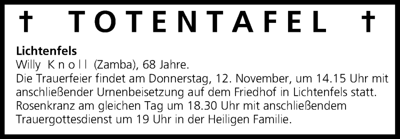  Traueranzeige für Totentafel vom 11.11.2015 vom 11.11.2015 aus MGO