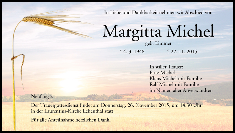  Traueranzeige für Margitta Michel vom 24.11.2015 aus MGO