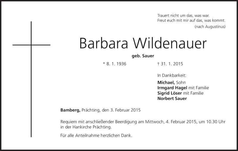  Traueranzeige für Barbara Wildenauer vom 03.02.2015 aus MGO