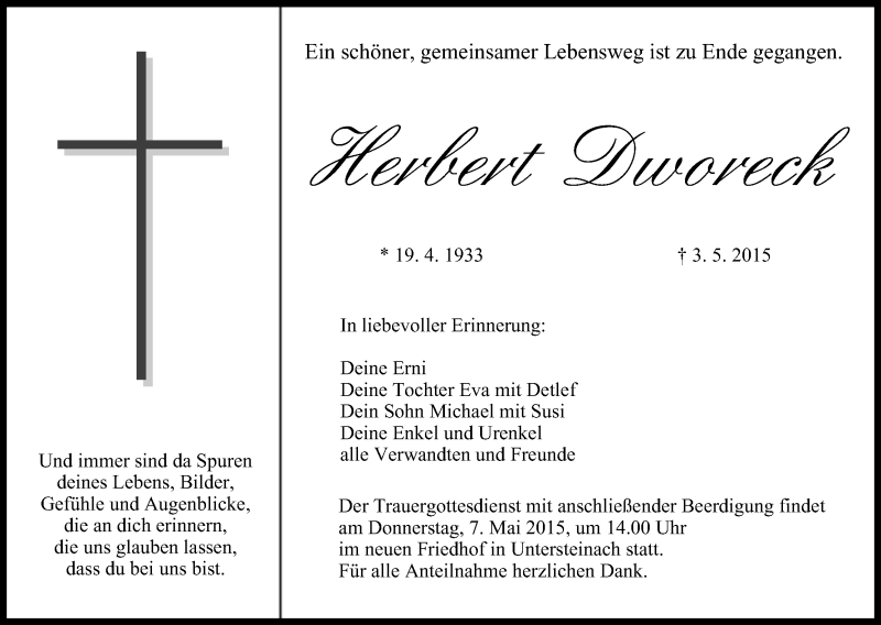  Traueranzeige für Herbert Dworeck vom 06.05.2015 aus MGO