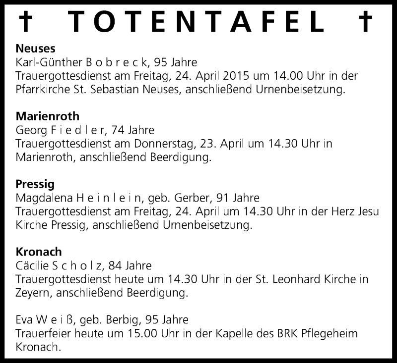  Traueranzeige für Totentafel vom 22.04.2015 vom 22.04.2015 aus MGO