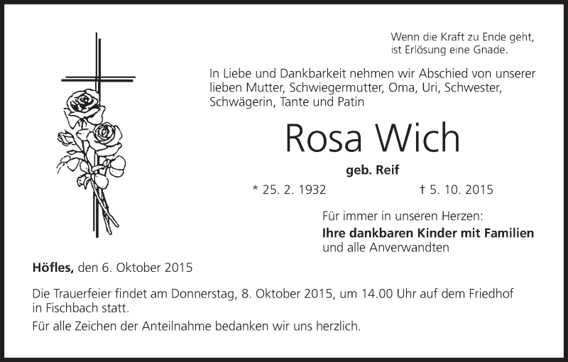  Traueranzeige für Rosa Wich vom 06.10.2015 aus MGO