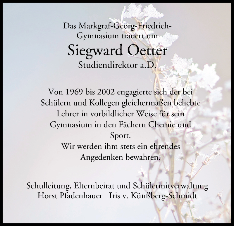  Traueranzeige für Siegward  Oetter vom 28.09.2015 aus MGO